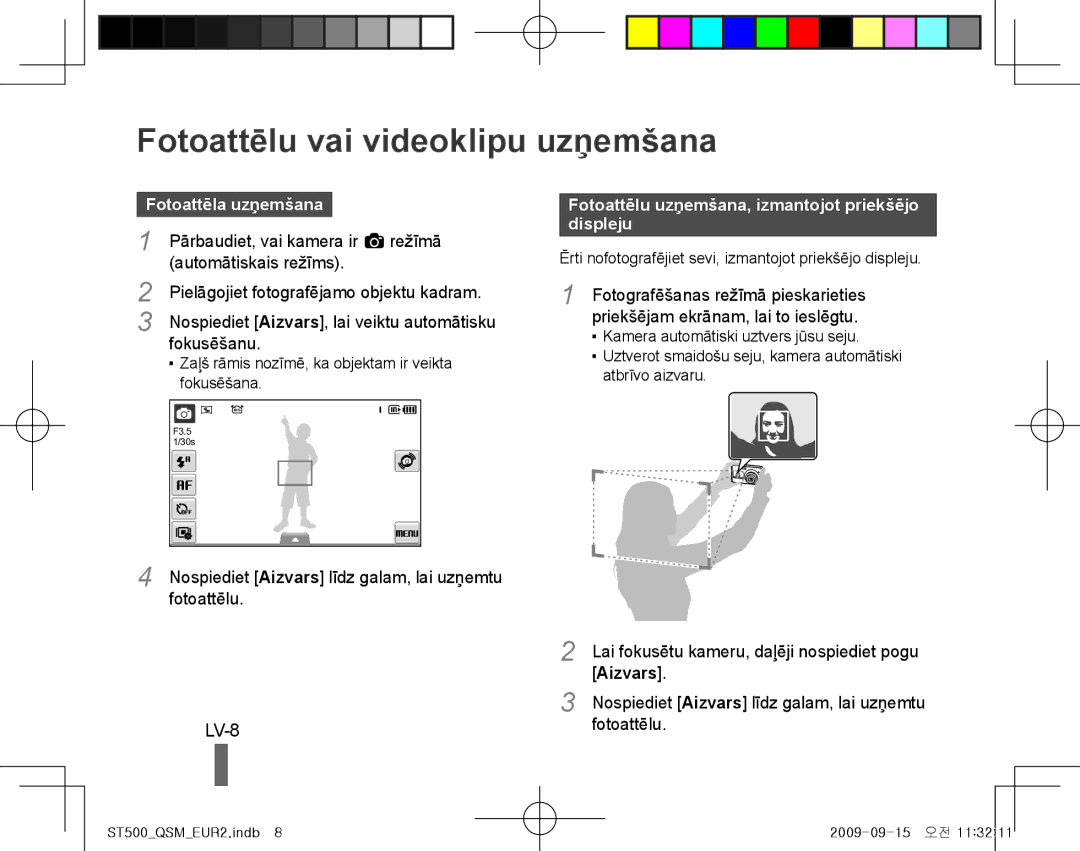 Samsung EC-ST500ZBPUIT, EC-ST510ZBPRE1 manual Fotoattēlu vai videoklipu uzņemšana, LV-8, Fotoattēla uzņemšana, Aizvars 