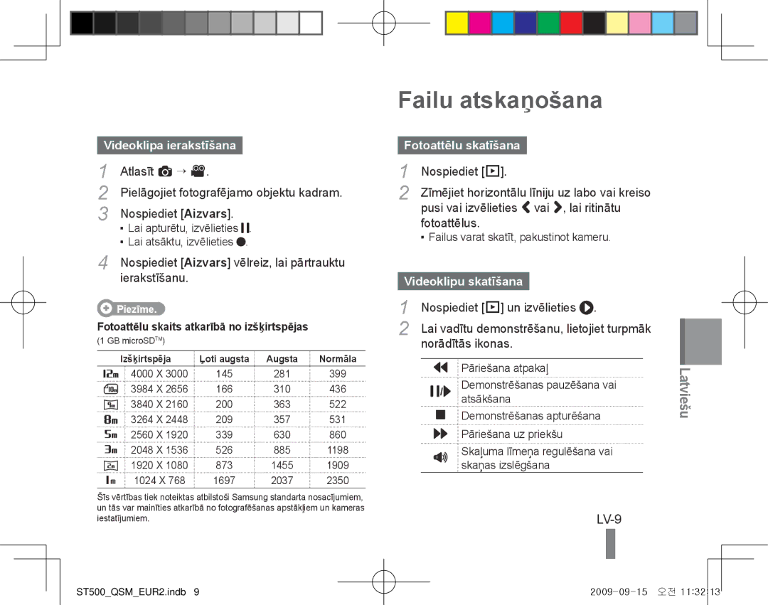 Samsung EC-ST500ZBPUZA manual Failu atskaņošana, LV-9, Videoklipa ierakstīšana, Fotoattēlu skatīšana, Videoklipu skatīšana 