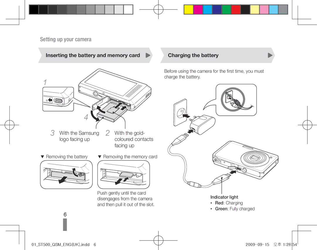 Samsung EC-ST500ZBPSAU manual Inserting the battery and memory card Charging the battery, With the gold, Facing up 