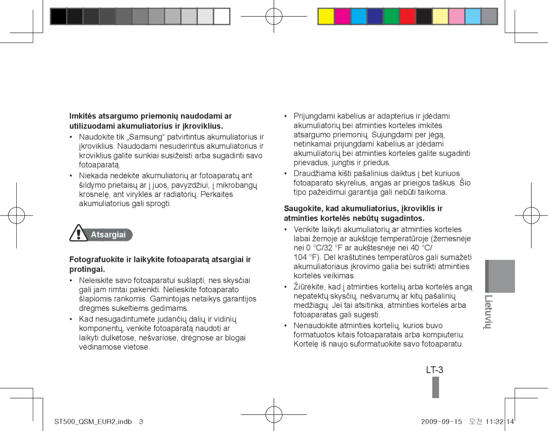 Samsung EC-ST500ZDPRME, EC-ST510ZBPRE1, EC-ST500ZBPRIT, EC-ST500ZBASE1, EC-ST500ZBPSIT, EC-ST500ZBPSFR manual LT-3, Atsargiai 