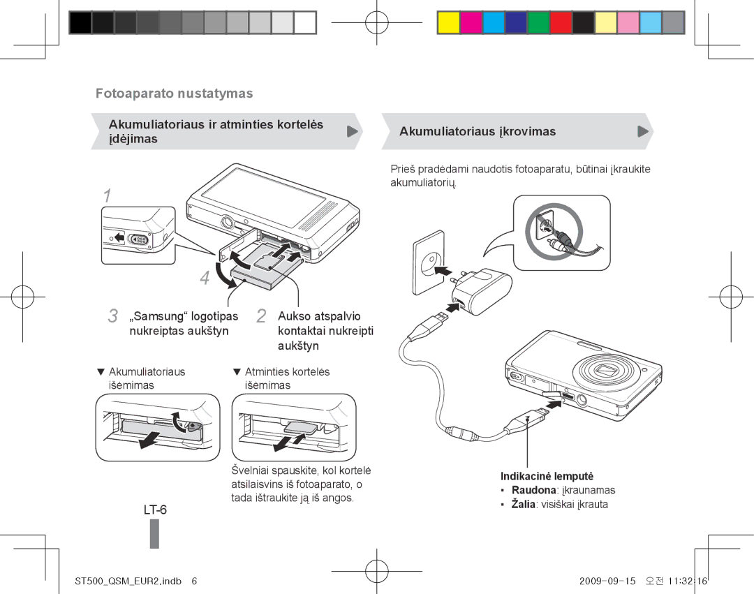 Samsung EC-ST500ZBPSSA manual LT-6, Akumuliatoriaus ir atminties kortelės įdėjimas, Aukštyn, Akumuliatoriaus įkrovimas 