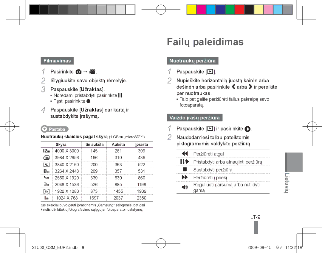 Samsung EC-ST500ZBPRDX, EC-ST510ZBPRE1 manual Failų paleidimas, LT-9, Filmavimas, Nuotraukų peržiūra, Vaizdo įrašų peržiūra 