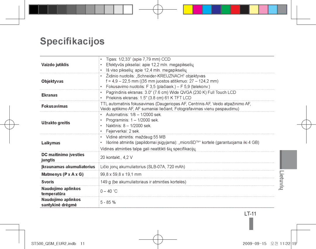 Samsung EC-ST500ZDPSME, EC-ST510ZBPRE1, EC-ST500ZBPRIT, EC-ST500ZBASE1 manual Specifikacijos, LT-11, Matmenys P x a x G Svoris 