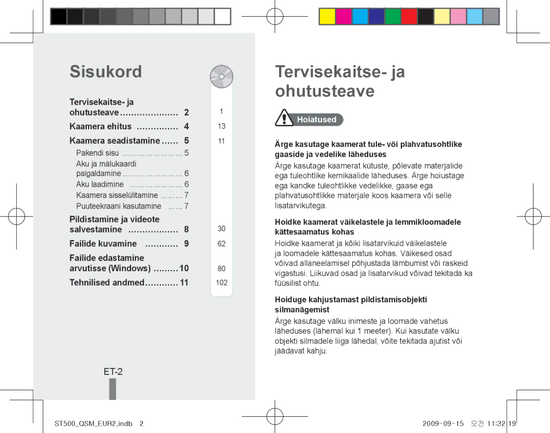 Samsung EC-ST500ZBPRDZ, EC-ST510ZBPRE1 Sisukord, Tervisekaitse- ja ohutusteave, ET-2, Tehnilised andmed…………, Hoiatused 