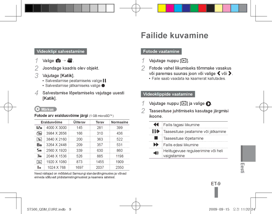 Samsung EC-ST500ZBPSE3 manual Failide kuvamine, ET-9, Videoklipi salvestamine, Fotode vaatamine, Videoklippide vaatamine 