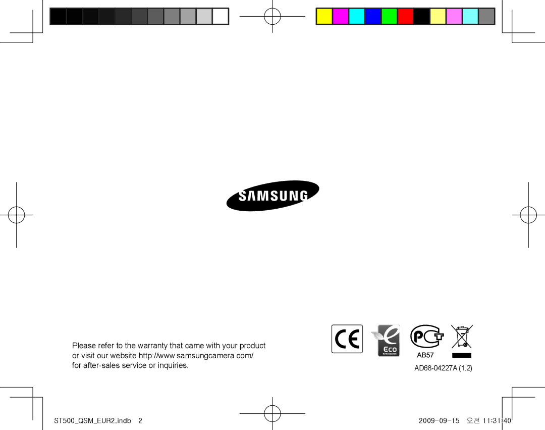 Samsung EC-ST500ZBASE1, EC-ST510ZBPRE1, EC-ST500ZBPRIT, EC-ST500ZBPSIT manual ST500QSMEUR2.indb AD68-04227A 2009-09-15 오전 