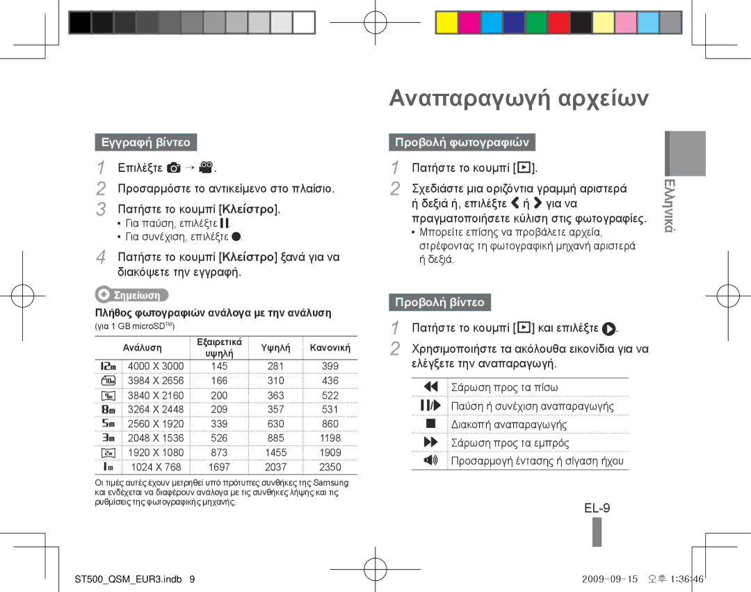 Samsung EC-ST500ZBPUDX, EC-ST510ZBPRE1 manual Αναπαραγωγή αρχείων, EL-9, Εγγραφή βίντεο, Προβολή φωτογραφιών, Προβολή βίντεο 