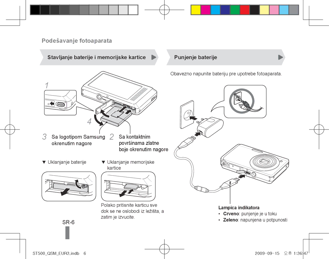 Samsung EC-ST500ZDPSME manual SR-6, Stavljanje baterije i memorijske kartice, Punjenje baterije, Lampica indikatora 