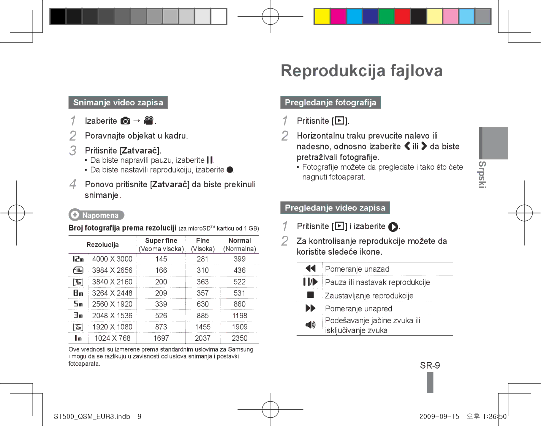 Samsung ES-ST500ZSASCN, EC-ST510ZBPRE1 manual Reprodukcija fajlova, SR-9, Snimanje video zapisa, Pregledanje fotografija 