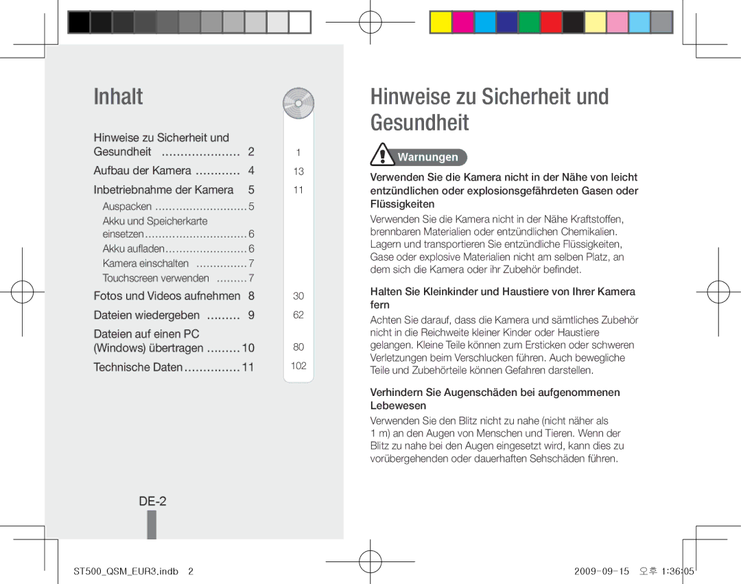 Samsung EC-ST510ZBPSE1, EC-ST500Z Inhalt, DE-2, Hinweise zu Sicherheit und Gesundheit… …………………, Dateien auf einen PC 