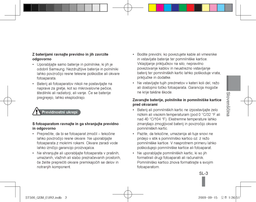 Samsung EC-ST500ZBPRE3, EC-ST510ZBPRE1 SL-3, Baterijami ravnajte previdno in jih zavrzite odgovorno, Previdnostni ukrepi 