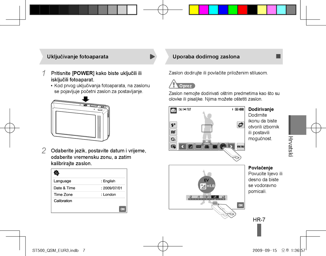 Samsung EC-ST500ZBASE1 manual HR-7, Isključili fotoaparat, Odaberite vremensku zonu, a zatim, Uporaba dodirnog zaslona 