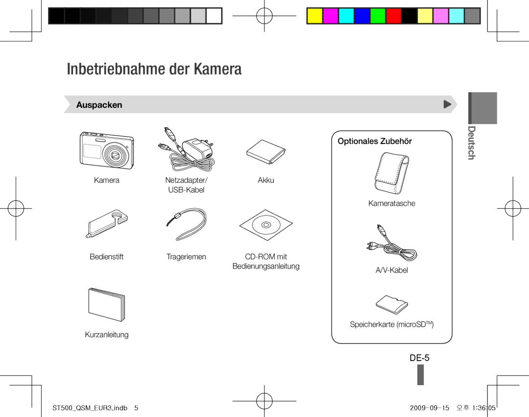 Samsung EC-ST510ZBPRE1, EC-ST500ZBPRIT, EC-ST500ZBASE1 Inbetriebnahme der Kamera, DE-5, Auspacken, Optionales Zubehör 