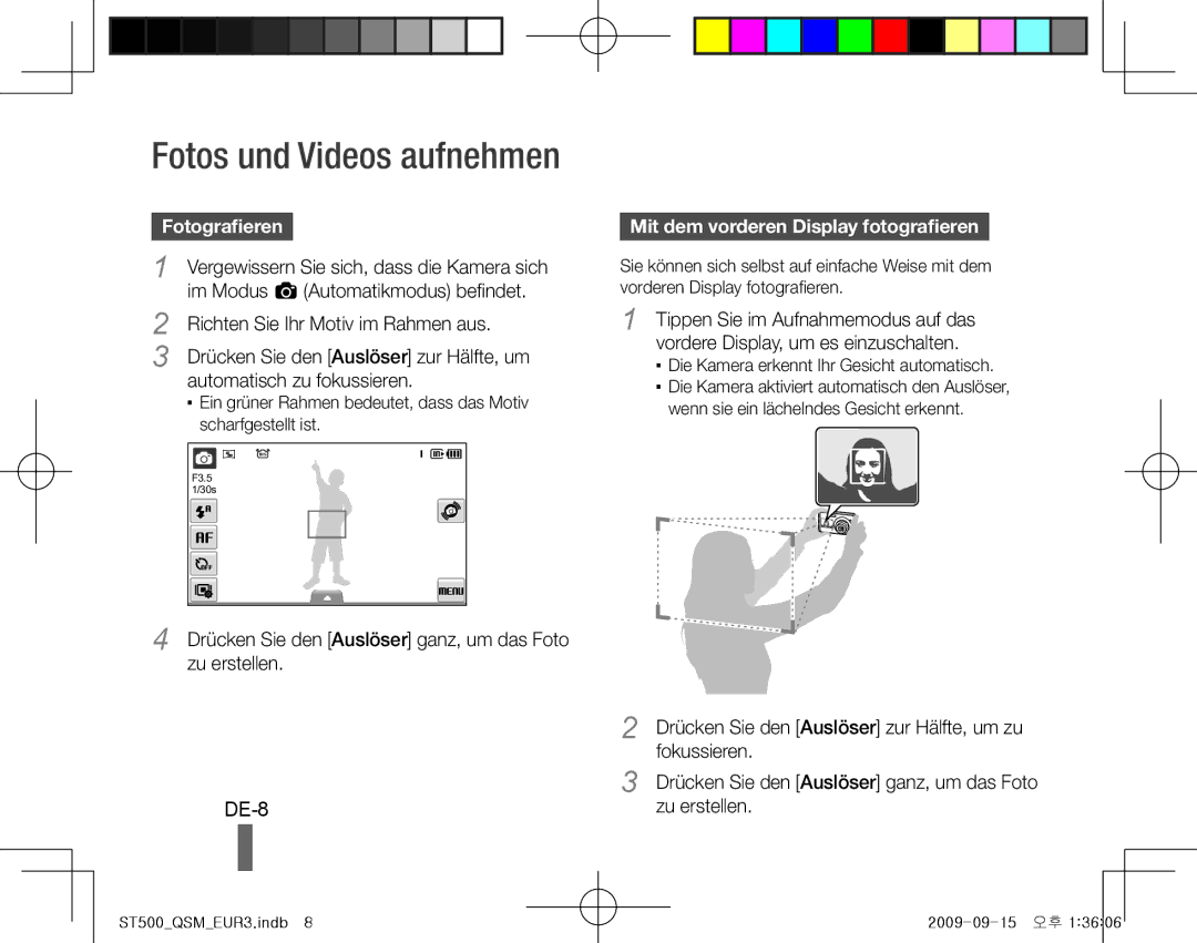 Samsung EC-ST500ZDPRME, EC-ST510ZBPRE1, EC-ST500ZBPRIT manual DE-8, Fotografieren, Mit dem vorderen Display fotografieren 