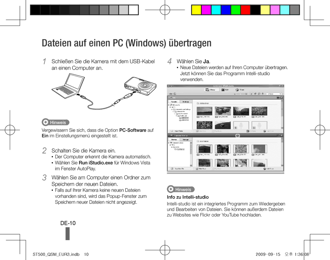 Samsung EC-ST500ZBPSDX manual Dateien auf einen PC Windows übertragen, DE-10, Schalten Sie die Kamera ein, Wählen Sie Ja 