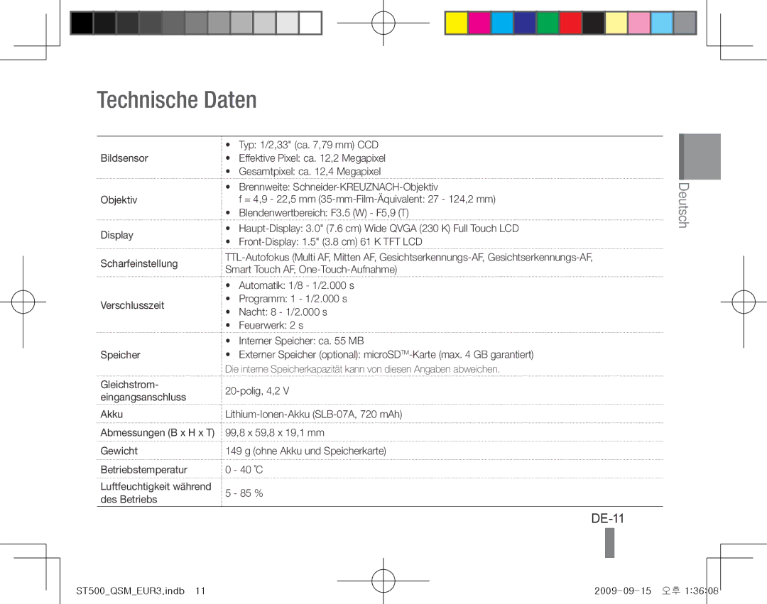 Samsung EC-ST500ZBPSSA, EC-ST510ZBPRE1, EC-ST500ZBPRIT, EC-ST500ZBASE1, EC-ST500ZBPSIT manual Technische Daten, DE-11, Akku 