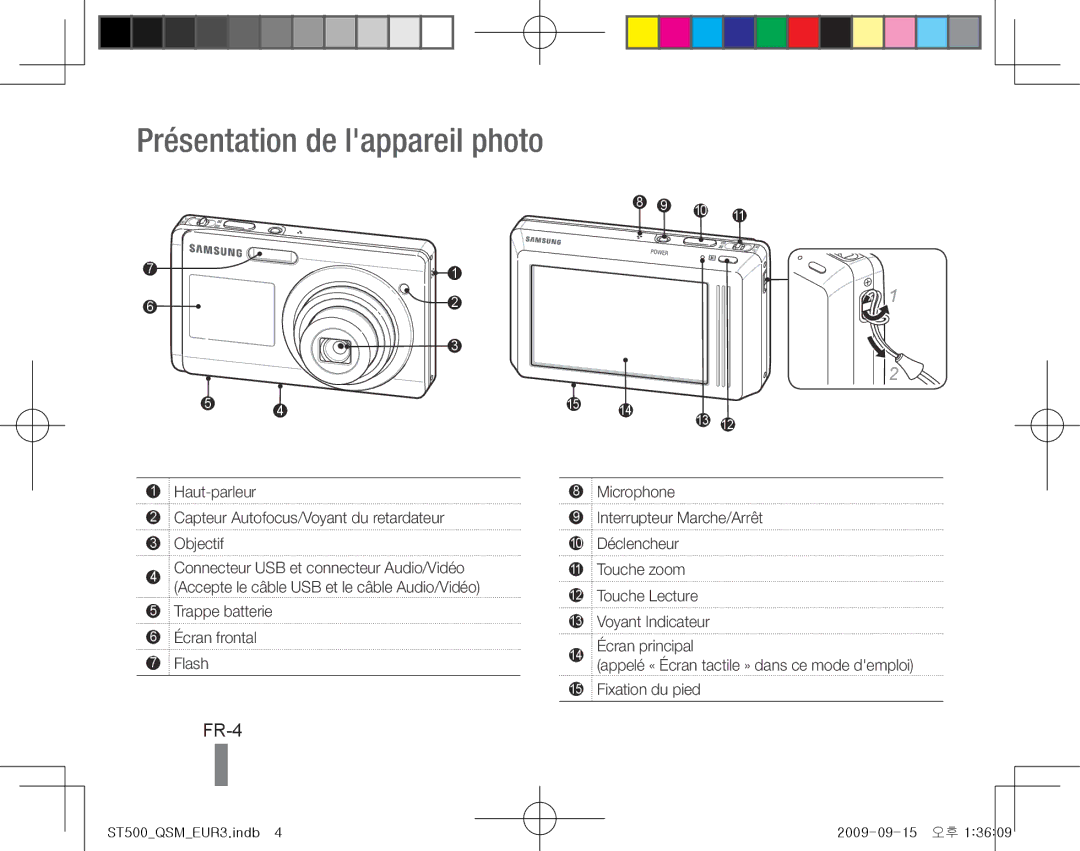 Samsung EC-ST500ZBPRDX, EC-ST510ZBPRE1, EC-ST500ZBPRIT, EC-ST500ZBASE1 manual FR-4, Trappe batterie Écran frontal Flash 