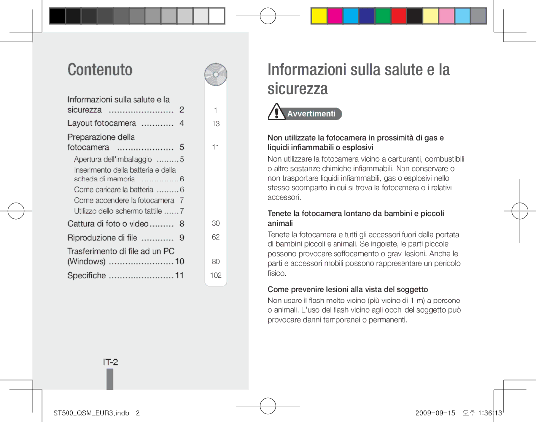 Samsung EC-ST500ZBPRVN, EC-ST510ZBPRE1 manual Contenuto, Informazioni sulla salute e la sicurezza, IT-2, Sicurezza… …………………… 