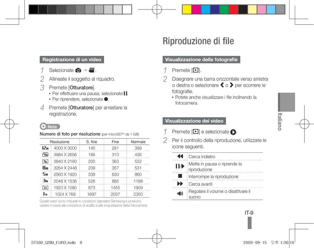 Samsung EC-ST500ZBPSE2 manual Riproduzione di file, IT-9, Registrazione di un video, Visualizzazione delle fotografie 