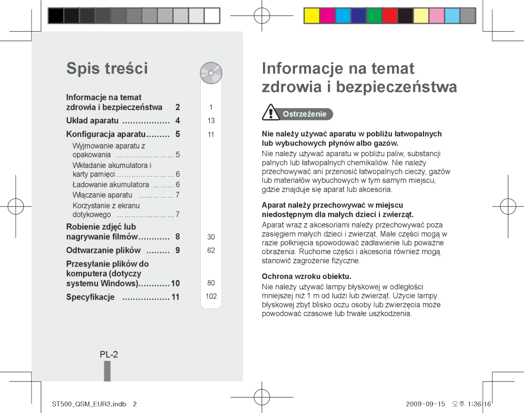 Samsung EC-ST500ZBPSRU manual Spis treści, Informacje na temat zdrowia i bezpieczeństwa, PL-2, Konfiguracja aparatu……… 