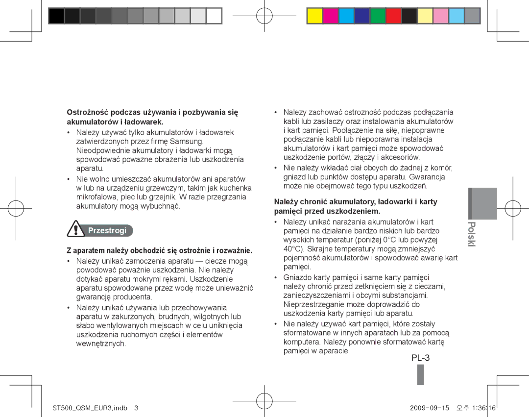 Samsung EC-ST500ZBPRGB, EC-ST510ZBPRE1, EC-ST500ZBPRIT, EC-ST500ZBASE1, EC-ST500ZBPSIT, EC-ST500ZBPSFR manual Przestrogi 