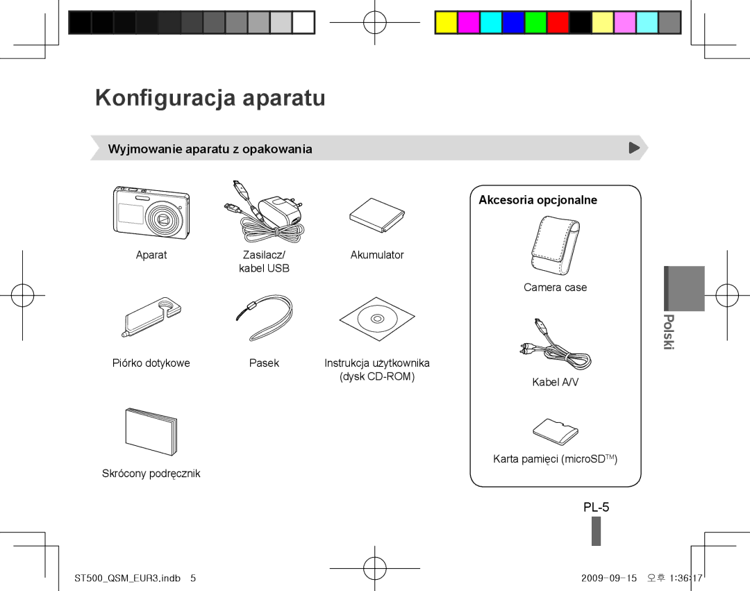 Samsung EC-ST510ZBPRE1, EC-ST500ZBPRIT Konfiguracja aparatu, PL-5, Wyjmowanie aparatu z opakowania Akcesoria opcjonalne 