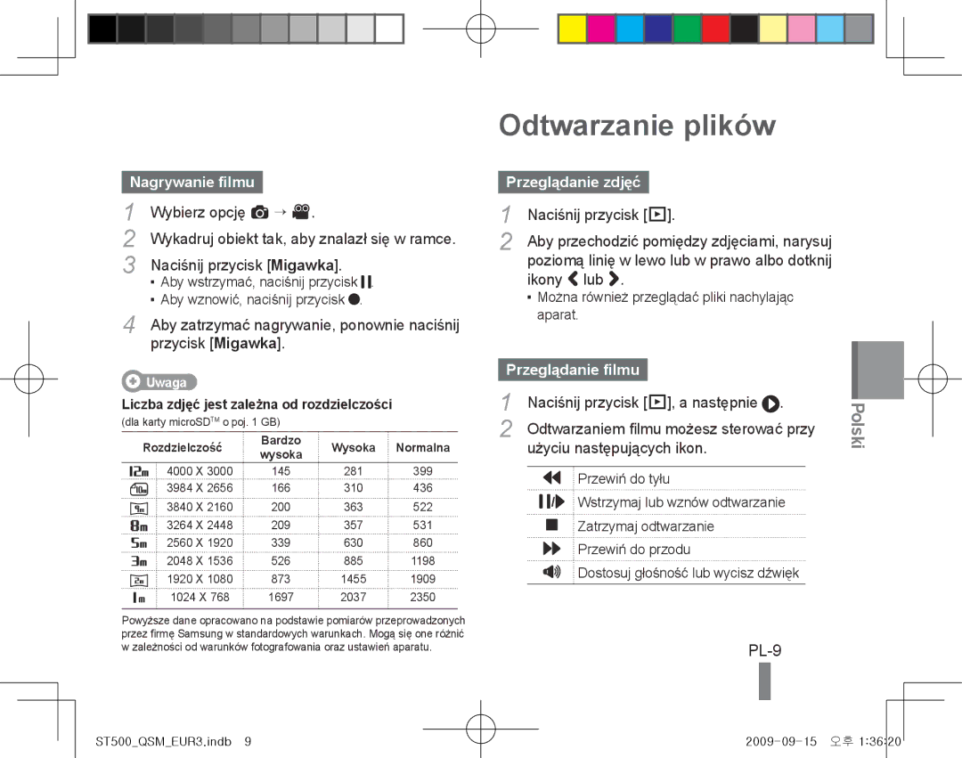 Samsung EC-ST500ZBPSFR, EC-ST510ZBPRE1 Odtwarzanie plików, PL-9, Nagrywanie filmu, Przeglądanie zdjęć, Przeglądanie filmu 