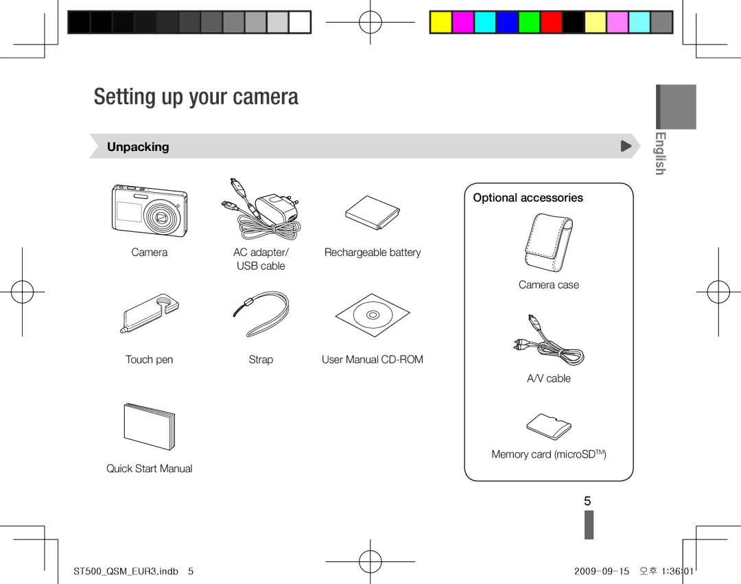 Samsung EC-ST500ZBPUAU, EC-ST510ZBPRE1, EC-ST500ZBPRIT manual Setting up your camera, Unpacking, Optional accessories, Camera 