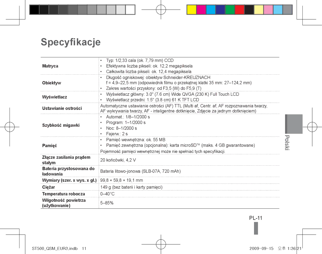 Samsung EC-ST500ZBPSAU, EC-ST510ZBPRE1, EC-ST500ZBPRIT, EC-ST500ZBASE1 manual Specyfikacje, PL-11, Ciężar Temperatura robocza 