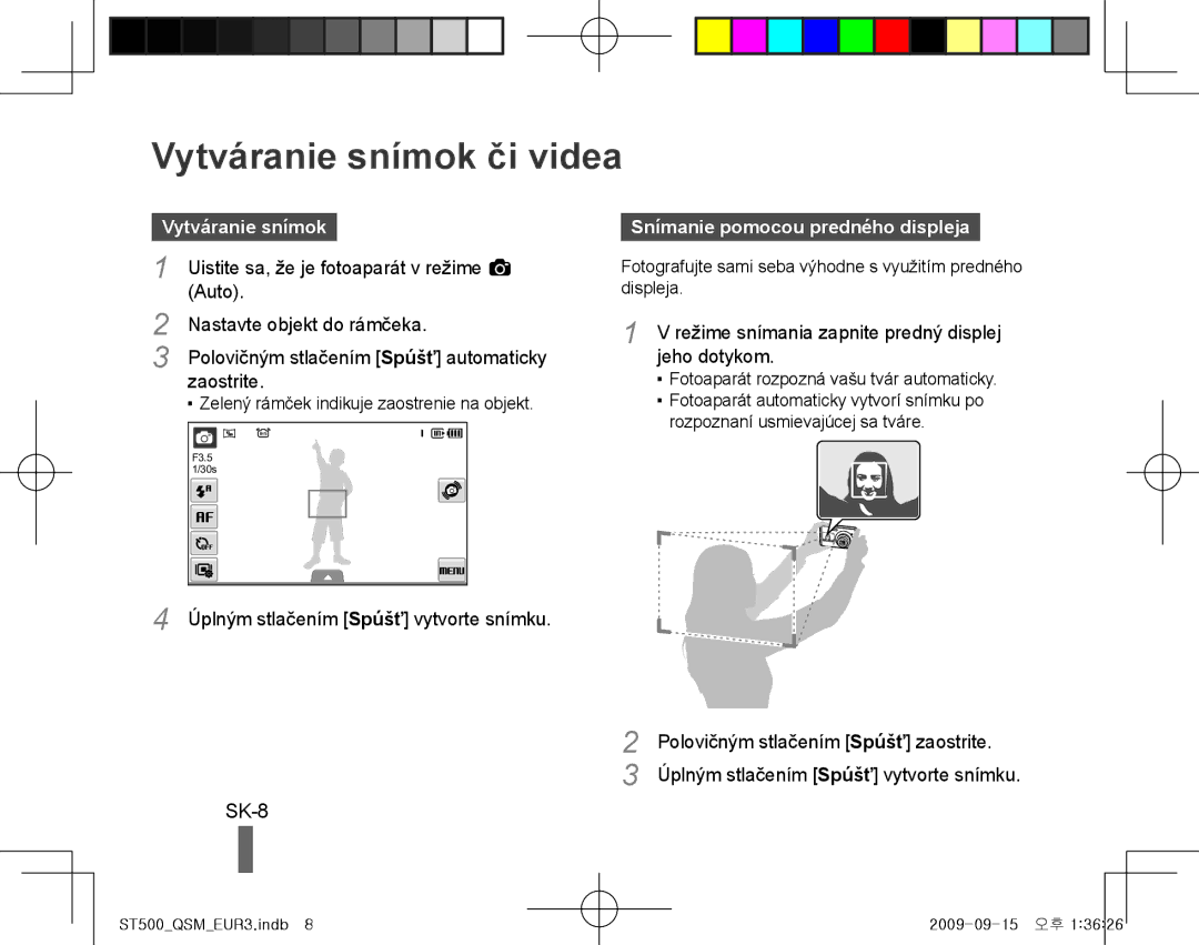 Samsung EC-ST500ZBPSDZ, EC-ST510ZBPRE1 manual Vytváranie snímok či videa, SK-8, Auto, Snímanie pomocou predného displeja 