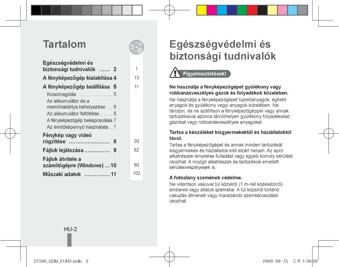 Samsung EC-ST500ZBPRDZ, EC-ST510ZBPRE1, EC-ST500ZBPRIT manual Tartalom, Egészségvédelmi és biztonsági tudnivalók, HU-2 