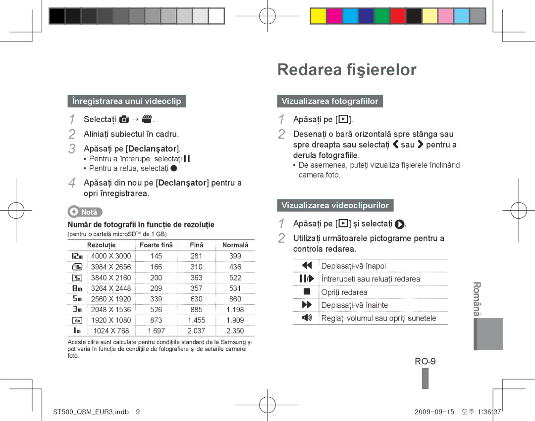Samsung EC-ST500ZBPRIL, EC-ST510ZBPRE1 Redarea fişierelor, RO-9, Înregistrarea unui videoclip, Vizualizarea fotografiilor 