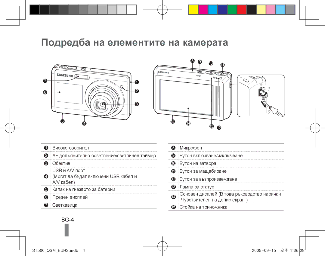 Samsung EC-ST500ZBPSFR, EC-ST510ZBPRE1, EC-ST500ZBPRIT, EC-ST500ZBASE1 Подредба на елементите на камерата, BG-4, Микрофон 