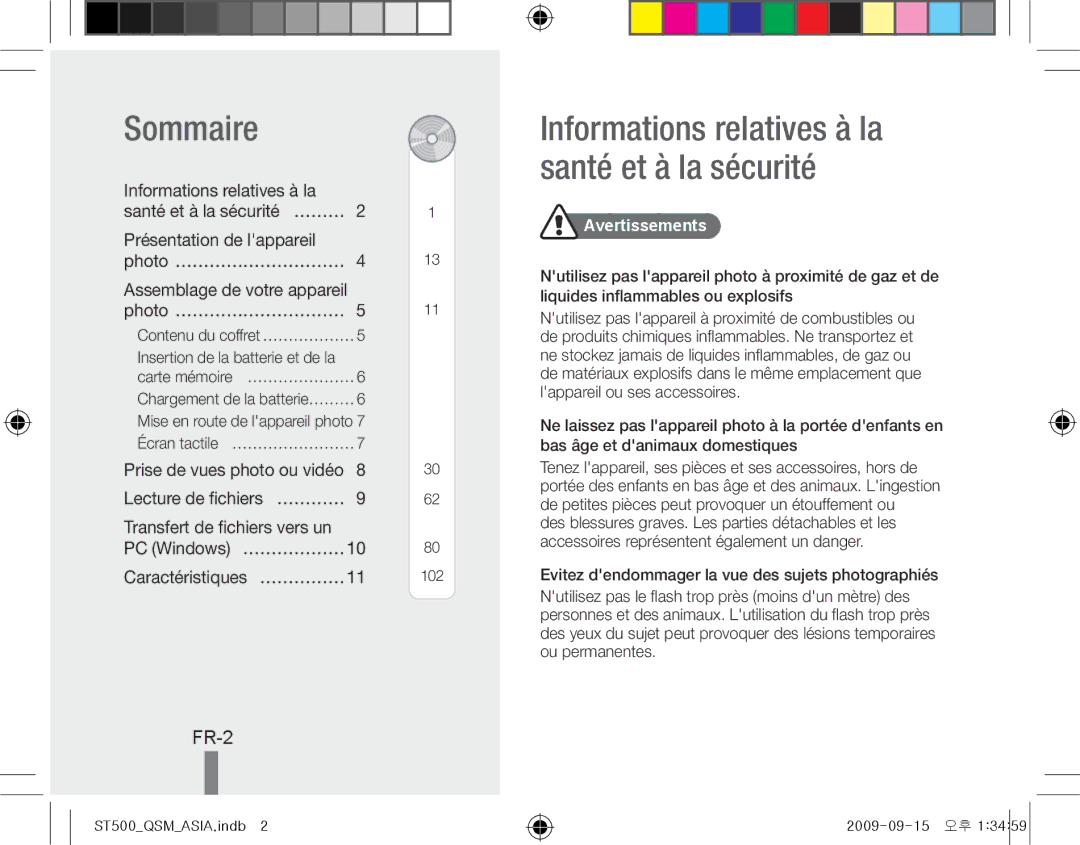 Samsung EC-ST510ZBPSE1, EC-ST510ZBPRE1 Sommaire, Informations relatives à la santé et à la sécurité, FR-2, Avertissements 