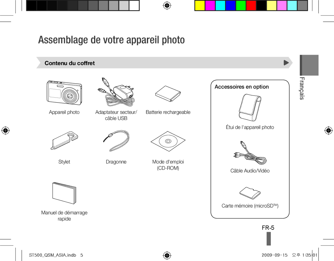 Samsung EC-ST510ZBPRE1, EC-ST500ZBPRIT, EC-ST500ZBASE1 manual Assemblage de votre appareil photo, FR-5, Contenu du coffret 