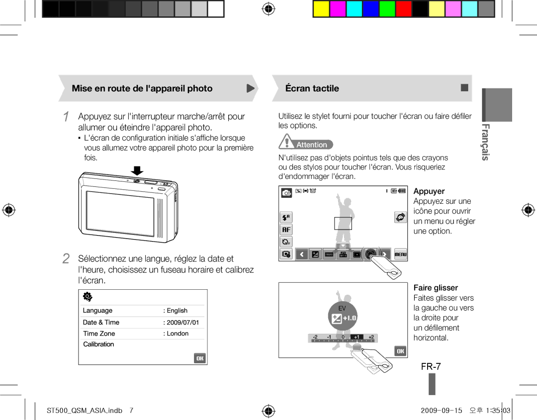 Samsung ES-ST500ZSARCN, EC-ST510ZBPRE1 manual FR-7, Mise en route de lappareil photo, Écran tactile, Les options, Horizontal 