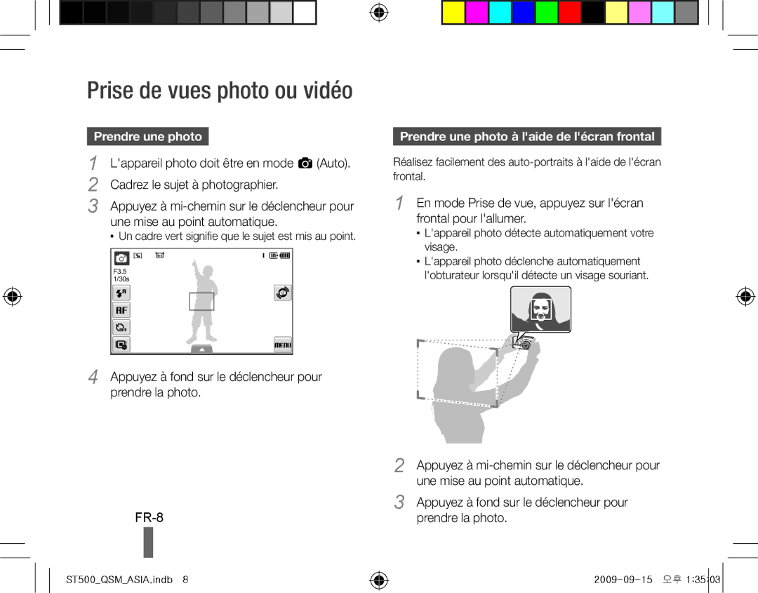 Samsung EC-ST500ZDPRME, EC-ST510ZBPRE1, EC-ST500ZBPRIT, EC-ST500ZBASE1 FR-8, Prendre une photo à laide de lécran frontal 