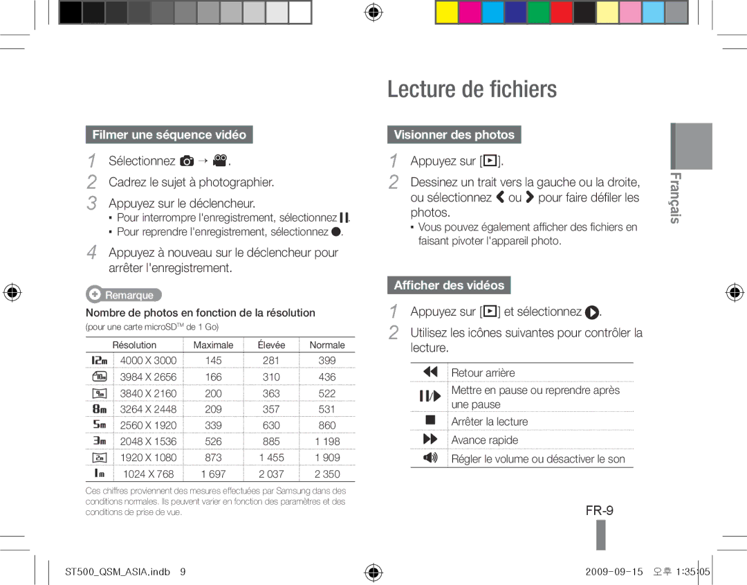 Samsung EC-ST500ZBPUDX, EC-ST510ZBPRE1, EC-ST500ZBPRIT, EC-ST500ZBASE1 Lecture de fichiers, FR-9, Filmer une séquence vidéo 