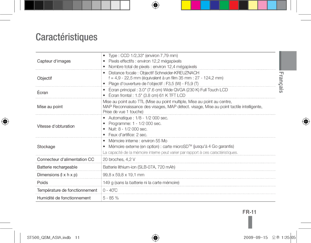 Samsung EC-ST500ZBPSSA, EC-ST510ZBPRE1, EC-ST500ZBPRIT, EC-ST500ZBASE1, EC-ST500ZBPSIT, EC-ST500ZBPSFR Caractéristiques, FR-11 