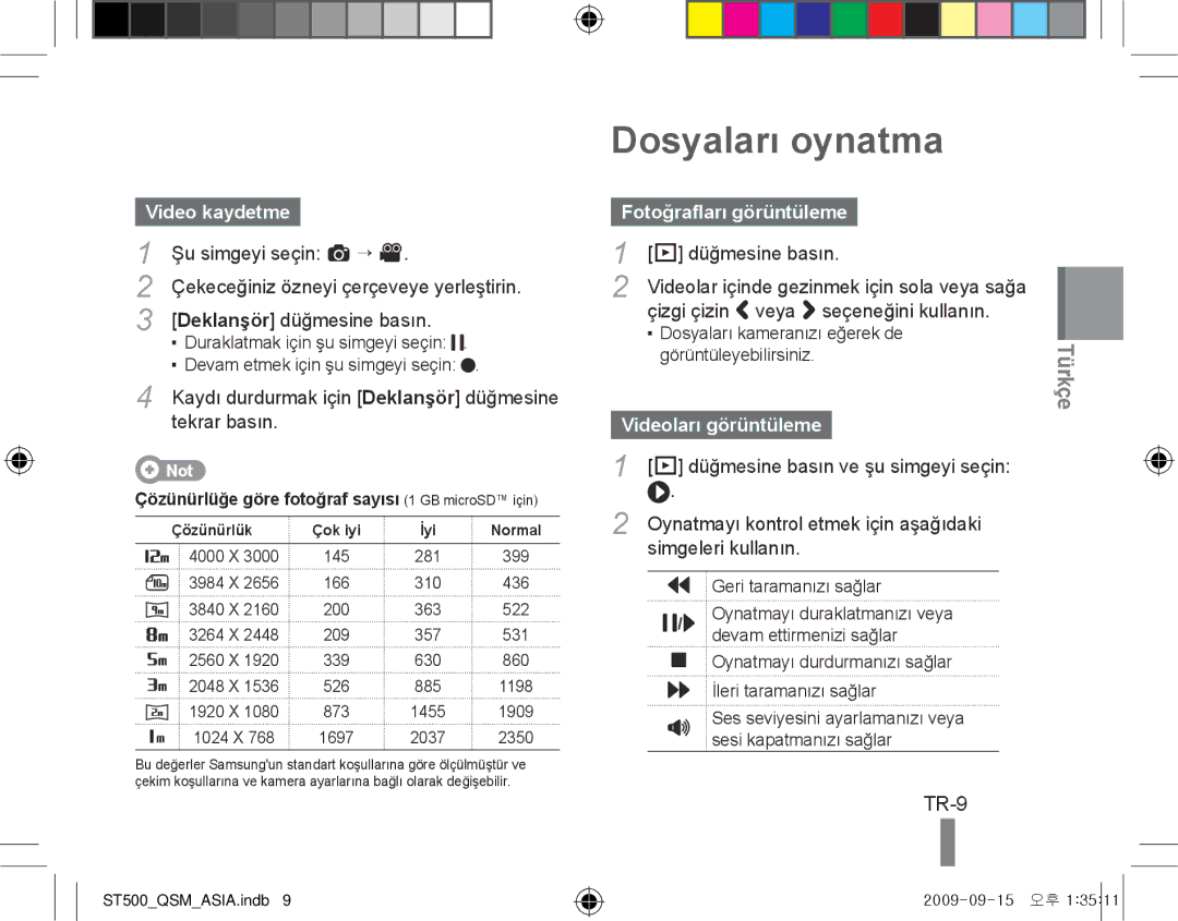 Samsung ES-ST500ZSASCN, EC-ST500Z Dosyaları oynatma, TR-9, Video kaydetme, Fotoğrafları görüntüleme, Videoları görüntüleme 