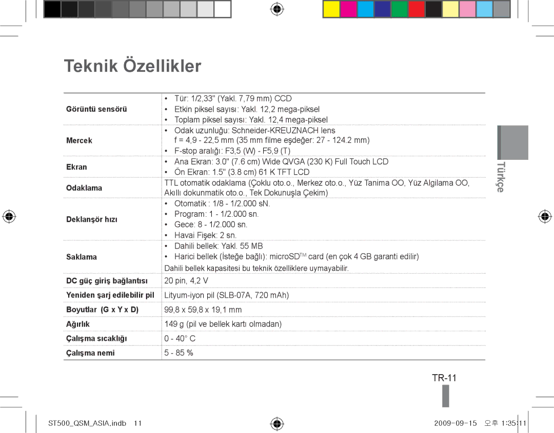 Samsung EC-ST500ZBPUVN, EC-ST510ZBPRE1, EC-ST500ZBPRIT, EC-ST500ZBASE1, EC-ST500ZBPSIT manual Teknik Özellikler, TR-11 