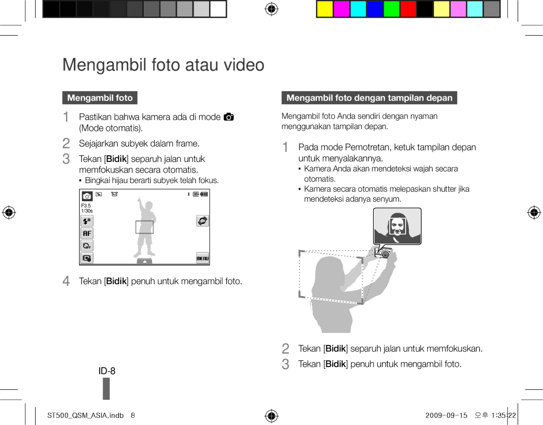 Samsung EC-ST500ZBPSIT, EC-ST510ZBPRE1 manual Mengambil foto atau video, ID-8, Mengambil foto dengan tampilan depan 