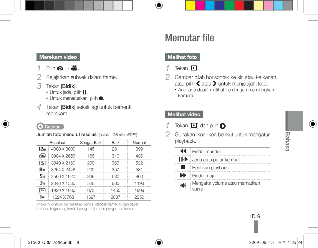 Samsung EC-ST500ZBPSFR, EC-ST510ZBPRE1, EC-ST500ZBPRIT manual Memutar file, ID-9, Merekam video, Melihat foto, Melihat video 