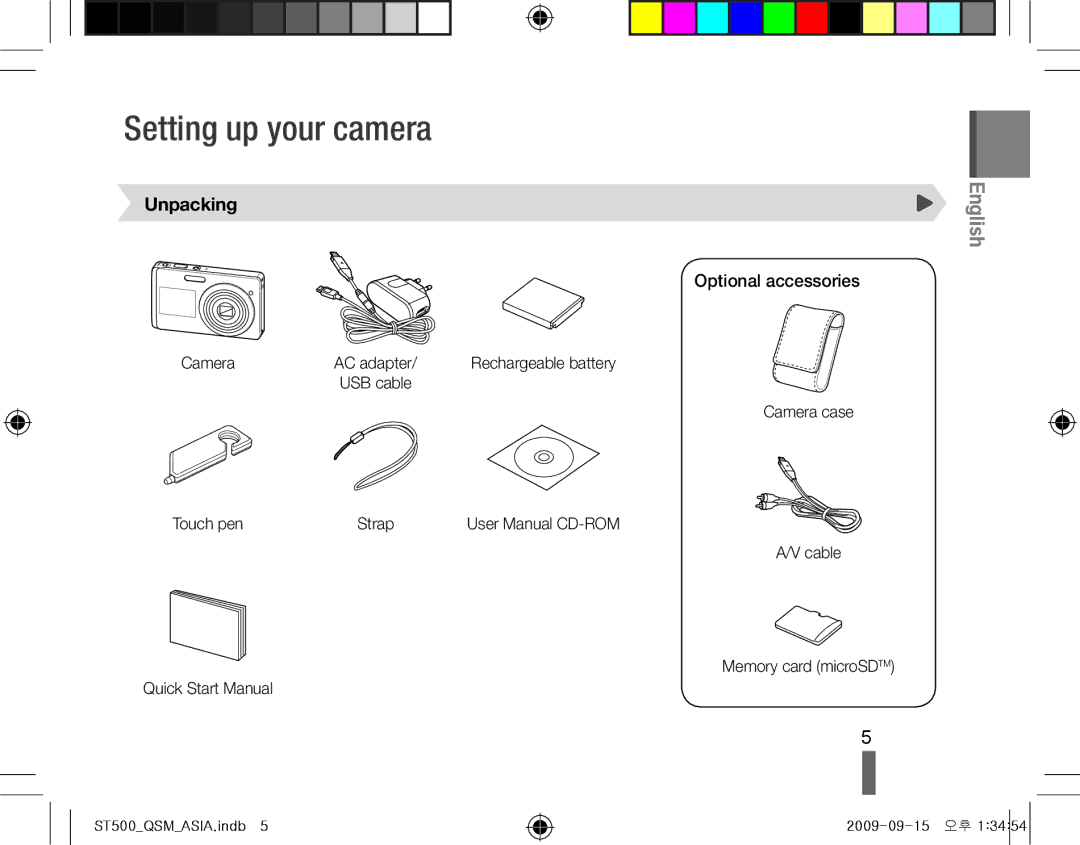 Samsung EC-ST500ZBPUAU, EC-ST510ZBPRE1, EC-ST500ZBPRIT manual Setting up your camera, Unpacking, Optional accessories, Camera 