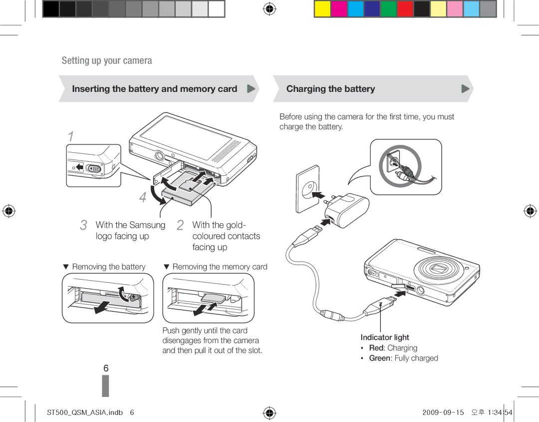 Samsung EC-ST500ZBPSAU manual Inserting the battery and memory card Charging the battery, With the gold, Facing up 