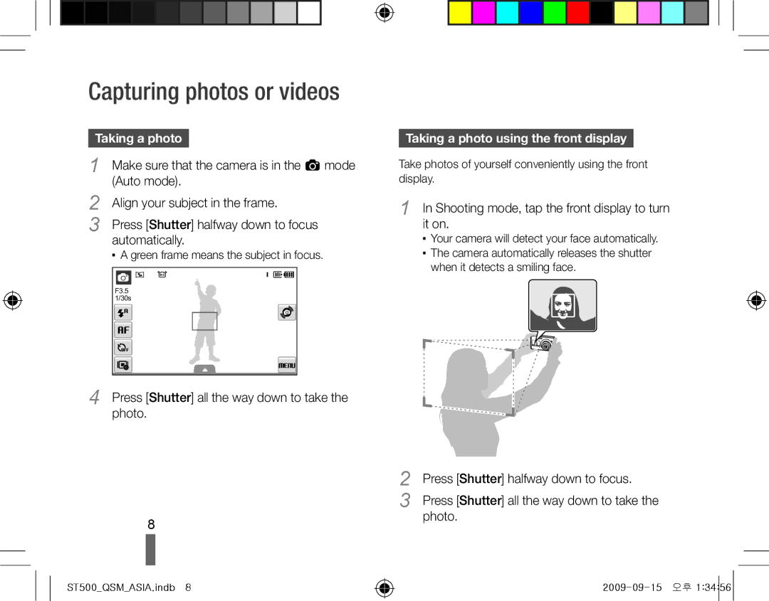 Samsung EC-ST500ZBPRE1, EC-ST510ZBPRE1, EC-ST500ZBPRIT, EC-ST500ZBASE1 manual Taking a photo using the front display 