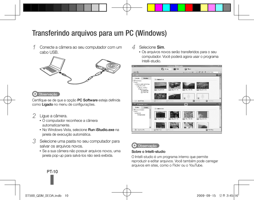 Samsung EC-ST500ZBPRFR manual Transferindo arquivos para um PC Windows, PT-10, Ligue a câmera, Sobre o Intelli-studio 