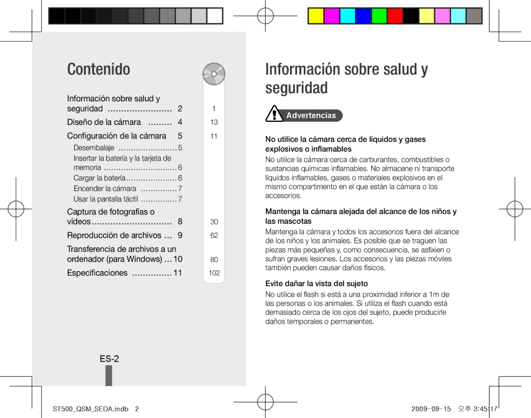 Samsung EC-ST510ZBPSE1 Contenido, Información sobre salud y seguridad, ES-2, Información sobre salud y Seguridad… …………………… 