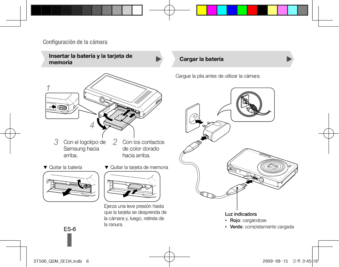 Samsung EC-ST500ZDPUAS manual ES-6, Insertar la batería y la tarjeta de memoria, Cargar la batería, Quitar la batería 