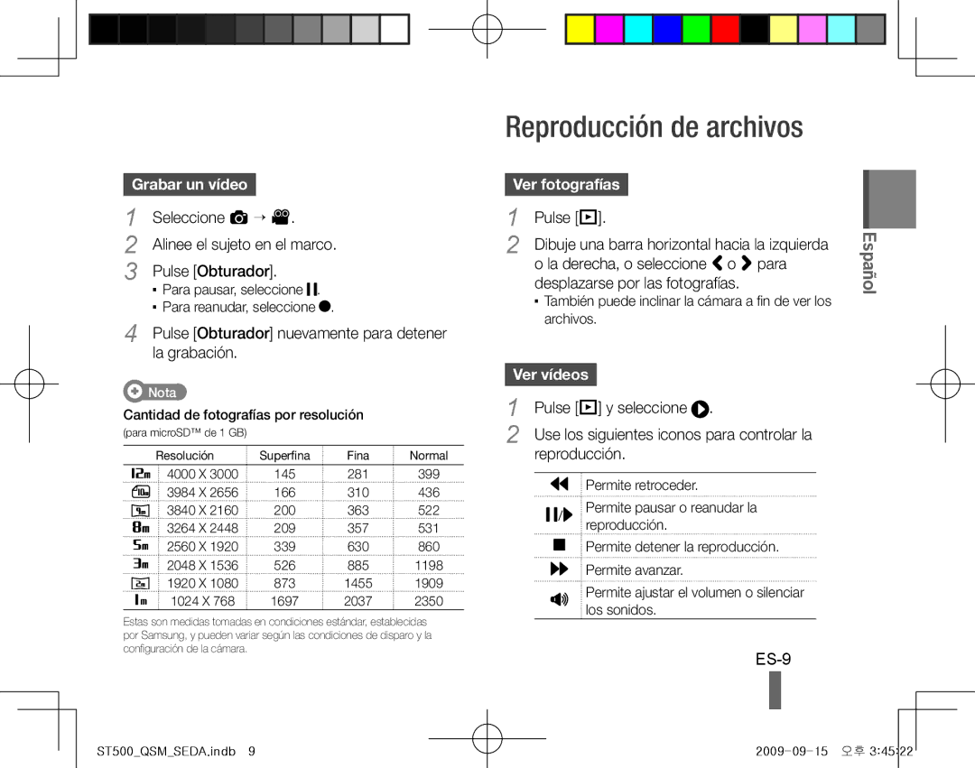 Samsung EC-ST500ZBPUDX, EC-ST510ZBPRE1 manual Reproducción de archivos, ES-9, Grabar un vídeo, Ver fotografías, Ver vídeos 